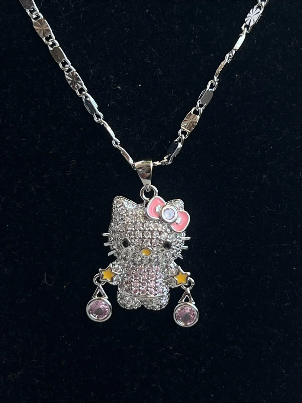🩷- Silver pavé kitty  Cat Pendant Necklace with Pink dangle Accents